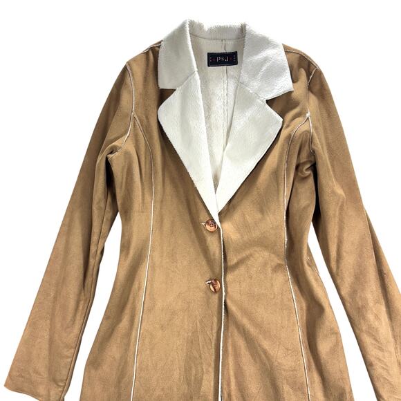 Vintage 90s/Y2K PSJ USA L.A. Tan Duster Coat Sherpa Interior Pipelined Trim M - Picture 2 of 7